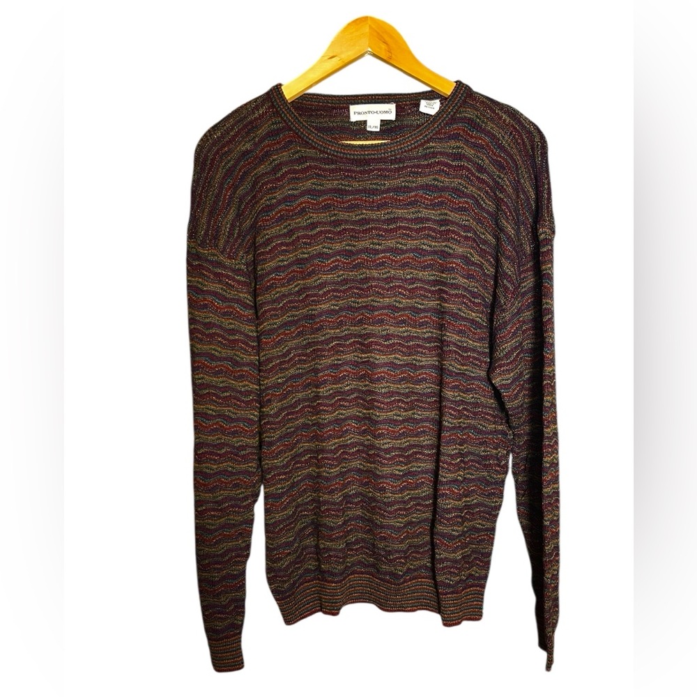 Vintage Pronto Uomo XL Coogi Style Multicolor Stripe Knit Crewneck Sweater 90s